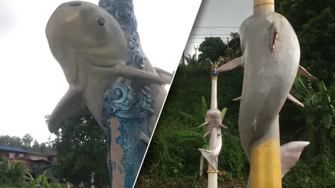  โผล่อีกโครงการสุดบรรเจิด ประติมากรรมโคมไฟ ปลาบึกเสียบไม้ย่าง