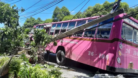 รถเมล์สาย 8 ในตำนาน ซิ่งขยี้เสาไฟฟ้า หัก 8 ต้น ทับ 3 คัน ป่วนทั้งถนน
