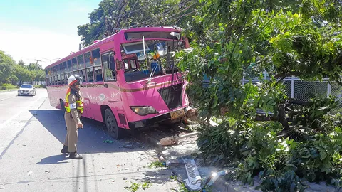 ระทึกรถเมล์สาย 8 เบรกแตกชนวินาศ เสาไฟ 8 ต้นทับรถ 3 คัน