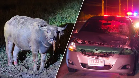 ควายวิ่งตัดหน้า เก๋งเบรกไม่ทันพุ่งชนเต็มแรง ตำรวจเรียกคู่กรณีเจรจา (คลิป)