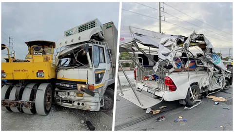 ชนยับ สิบล้อข้ามเลน พุ่งชนสองแถว เจ็บระนาว-ตาย 2 พบติดโควิด 3