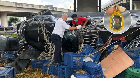 บรรทุกลำไยร่วงทางด่วน รถเละคนไม่เป็นอะไร โชว์หลวงปู่ทวดห้อยคอ (คลิป)