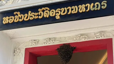 ผึ้งหลวงทำรังหน้า ประตูหอชีวประวัติฯ วัดสูงเม่น เชื่อเป็นนิมิตหมายที่ดี (คลิป)