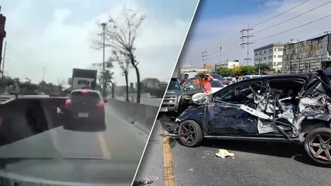 พ่วง 22 ล้อเสียหลัก เบียดชนเก๋งพังยับ เจ็บ 3 โชเฟอร์ขึ้นแท็กซี่หลบหนี (คลิป)