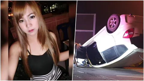 แม่ค้าสาวสวย ซิ่งเก๋งแหกโค้งบนสะพานคว่ำที่ปทุมฯ กระเด็นออกนอกรถตายคาที่