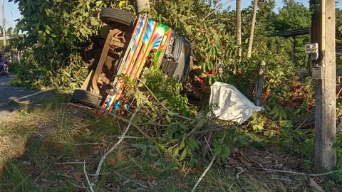 รถพ่วงบรรทุกปาล์ม หลุดโค้งชนต้นไม้ที่แปลงยาว ทับคนขับตายส่วนเมียสาหัส