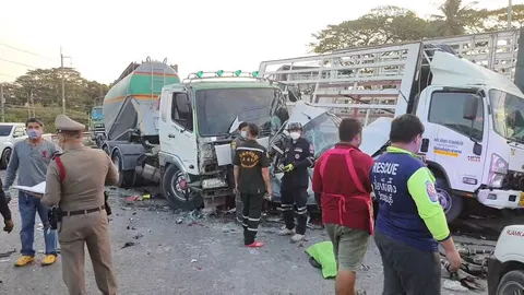 รถปูนลงเนินทับกวางเบรกไม่อยู่ ชน 11 คันตาย 1 เจ็บ 3 ทำมิตรภาพติด 5 กม.