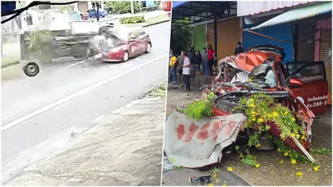 ชน 3 คันรวด กระบะเสยท้ายเก๋งตกคูข้ามเกาะอัดกับยาริสสอนขับรถ ตาย 2 เจ็บ 6 (คลิป)