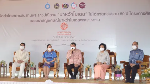 ปลัด-นายกสมาคมแม่บ้าน มท.เปิดตัวตราสัญลักษณ์พระราชทาน “นาหว้าโมเดล”