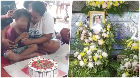 เข้มแข็งแม้น้ำตาไหล "น้องออโต้" เป่าเค้กวันเกิด หน้าโลงคุณพ่อในวันเผา 