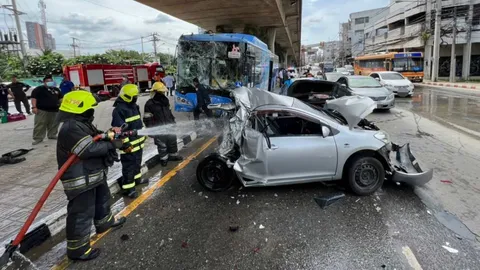 สรุปเหตุชน 9 คันเจ็บ 6 ที่ห้าแยกปากเกร็ด นนทบุรี คนขับรถเมล์อ้างเบรกแตก