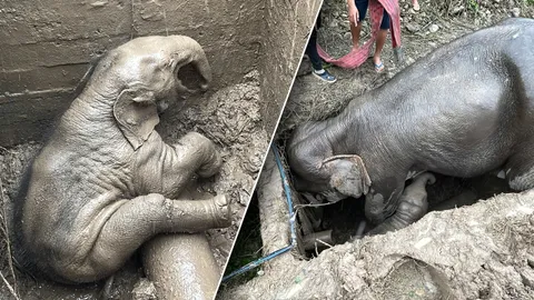 ช่วยระทึก ลูกช้างตกท่อ ท่ามกลางอุปสรรค แม่ช้างคอยเฝ้าไม่ห่าง-ต้องยิงยาสลบ (คลิป)