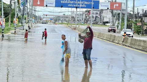 ผลดีน้ำท่วม คนสัตหีบแห่ทอดแหบนถนนสุขุมวิท ได้ปลาเพียบ