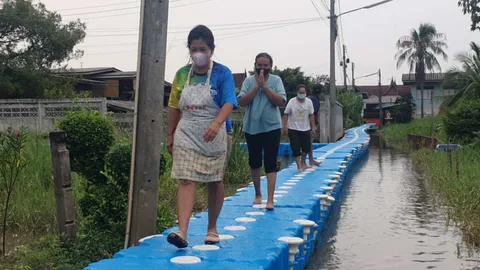 ทต.เชียงรากใหญ่ นำแพริมฝั่งเจ้าพระยา ทำทางเดินช่วยชาวบ้านในชุมชนน้ำท่วม