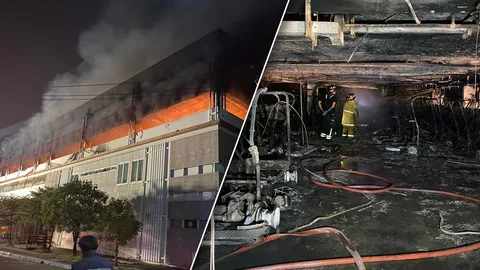 ไฟไหม้โรงจอดรถสนามกอล์ฟ เผารถกอล์ฟจอดชาร์จแบต วอดกว่า 70 คัน (คลิป)