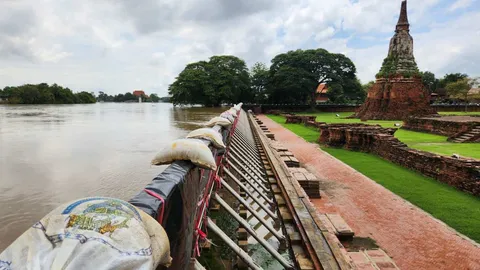 ผู้ว่าฯ อยุธยา ตรวจพนังกั้นวัดพนัญเชิง วัดไชยฯ น้ำปริ่มขอบเสริมคันกั้นเพิ่ม
