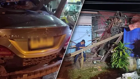 สาว 17 ซิ่งเบนซ์ แหกโค้ง 100 ศพนครพนม พุ่งชนทะลุบ้าน โชคดีไม่มีใครตาย