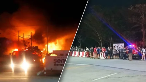 ยังคุมเพลิงไม่ได้ ไฟไหม้โรงงานผลิตอุปกรณ์เครื่องบิน เสียงระเบิดดังต่อเนื่อง