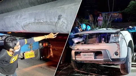 ปิกอัพชนมุดใต้ท้องรถบรรทุกเสาเข็มเลี้ยวยูเทิร์น คนขับดับ