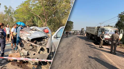 ชนประสานงา ตาย 3 สาหัส 1 โชเฟอร์สิบล้ออ้างกระบะขับเสียหลักกินเลนเอง