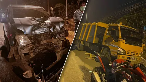 ไร้รอยเบรก กระบะมาเร็วพุ่งชนท้ายรถเก็บขยะ พนักงานโดนอัดก๊อบปี้ ดับ 1