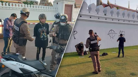 รวบทันควัน “บังเอิญ” ศิลปินปลดแอก พ่นสีสเปรย์กำแพงวัดพระแก้ว