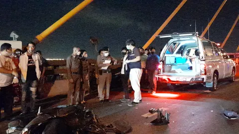 สลด หนุ่มพาแฟนสาว ขับ จยย.เสยท้ายรถพ่วง บนสะพานภูมิพล 1 คอหักดับคู่