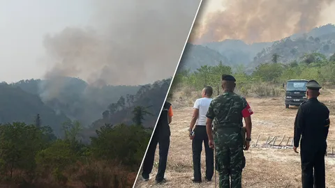 ไฟป่าปะทุเขาตะแบก ลามหนักหลัง รร.จปร. ทหาร-จนท. เดินเท้าเร่งเข้าดับ