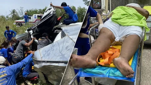 ช่วยทุลักทุเล หนุ่มอ้วนตัวใหญ่ ขับปิกอัพตกถนนเพชรเกษมบาดเจ็บ