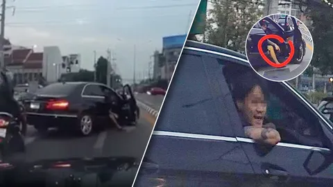 แค่บีบแตรใส่ "ลูกหลานนักการเมืองชื่อดัง" ขับเบนซ์ปาดหน้า ชักปืนขู่คู่กรณี (คลิป)