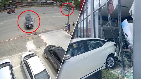 กระบะไม่มีประกัน กลับรถในที่ห้ามกลับ ปาเจโร่มาทางตรง พุ่งเข้าโชว์รูม ชนยับ