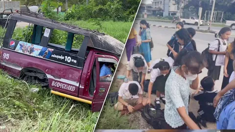 หวิดเศร้า สองแถวเมืองคอนล้อหลุดตกถนน นักเรียนบาดเจ็บกว่า 20 คน 