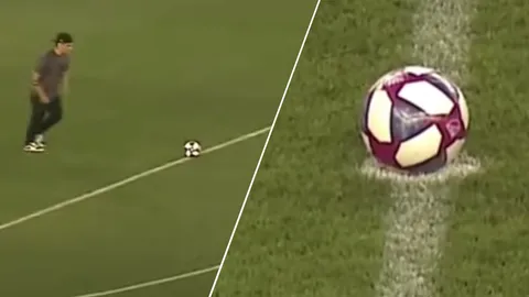 ทำไปได้ยังไง ชมคลิป "สาวกทีมดัง" โชว์เหนือ เตะบอลไปหยุดที่จุดกลางสนาม 