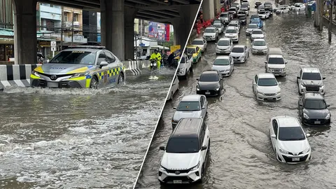 พายุฝนถล่มนนทบุรี ถนนแจ้งวัฒนะอ่วมหนัก น้ำท่วมสูง 10-30 ซม. รถติดหนึบ