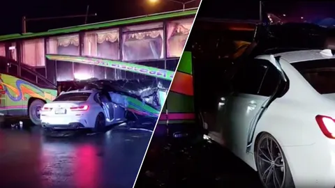 เก๋งบีเอ็ม พุ่งชนรถบัสกลางลำ หนุ่มวัย 19 รอดตายปาฏิหาริย์