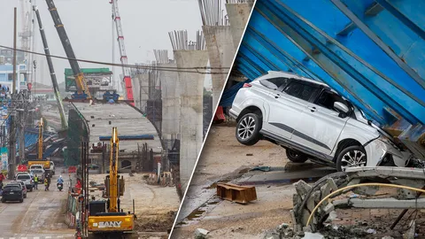 เฝ้าระวังจุดสะพานถล่ม ย่านลาดกระบัง เจ้าหน้าที่ปิดถนน ยังเคลียร์ซากไม่ได้