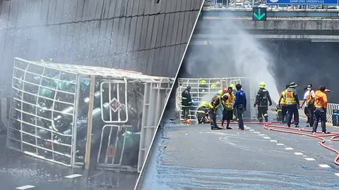 ระทึก รถแก๊สพลิกคว่ำ อุโมงค์ภูเก็ต จนท.เร่งฉีดน้ำสกัด หวั่นเหตุบึม (คลิป)