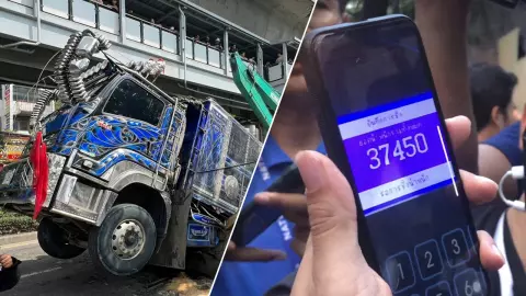 ชั่งแล้วสิบล้อตกบ่อร้อยสายไฟ บรรทุกเกินพิกัดเกือบ 13 ตัน