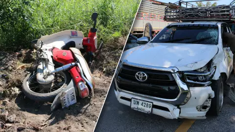 สลด เด็ก ม.2 ขี่ จยย.ซ้อนสามเที่ยววันหยุด หนุ่มพม่าขับปิกอัพชนดับ 3 ศพ