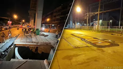 ซ่อมแล้ว ถนนทรุดปากอุโมงค์ร้อยสายไฟ ห้าแยกปากเกร็ด 