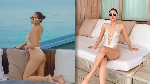 ปุ๊กลุก ฝนทิพย์ ทำไฟลุกมัลดีฟส์ นุ่งวันพีซแหวกอกลึก อวดบั้นท้ายสวยๆ