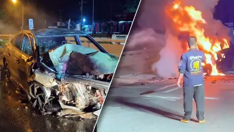 สยอง เก๋งพุ่งชนคอสะพาน ไฟลุกไหม้คลอกคนขับดับ ยังไม่รู้เป็นใคร