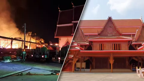 คนบางกระทุ่มเศร้า เพลิงเผาวอดศาลาการเปรียญไม้สักใหญ่สุดในประเทศ 