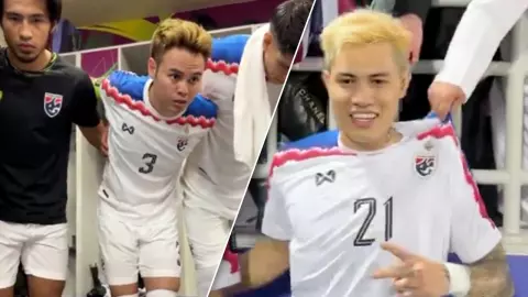 ชมชอต “ธีราทร” ปลุกใจ ทีมชาติไทย เกมเจ๊า โอมาน - ศุภนันท์ โดนรุมขอเสื้อ (คลิป)