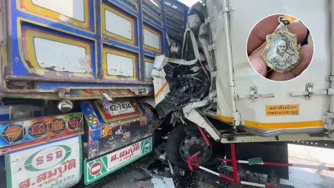 โชเฟอร์หกล้อโชว์หลวงพ่อคง ขับเสยรถพ่วง ไม่มีแผลแม้เท่ารอยแมวข่วน