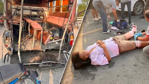 ครูสาวขับเก๋งมาเร็ว ชนท้ายสองแถว นักเรียนบาดเจ็บระนาว 11 คน 