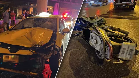 จยย.ขี่ย้อนศรลงสะพานพระราม 7 พุ่งประสานงารถแท็กซี่อย่างจัง ดับ 1 ราย