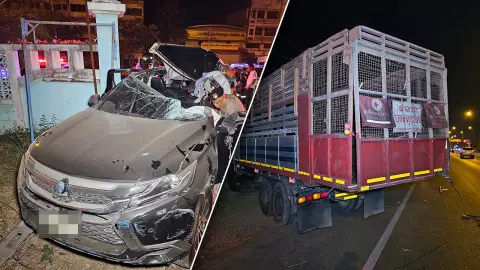 รถบรรทุกอ้อยจอดท้ายยื่น หนุ่มขับปาเจโรชนพังยับ เมียดับ บาดเจ็บ 2 