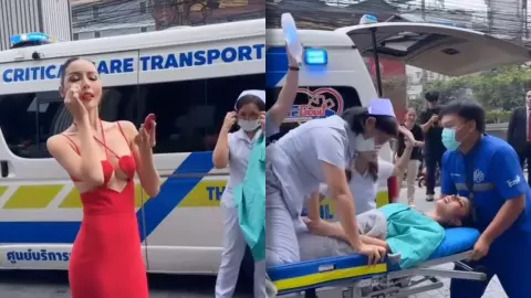 คนไม่ตลกด้วย มิสแกรนด์ปทุมธานี เข้ากองวันแรกมาพร้อมรถกู้ชีพ โดนวิจารณ์ยับ