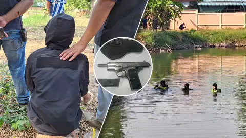 เจอแล้วปืนของกลาง ม.3 ใช้ยิงหัวพี่ ม.4 หลอกให้งมในสระ ที่แท้ซ่อนในห้องเรียน